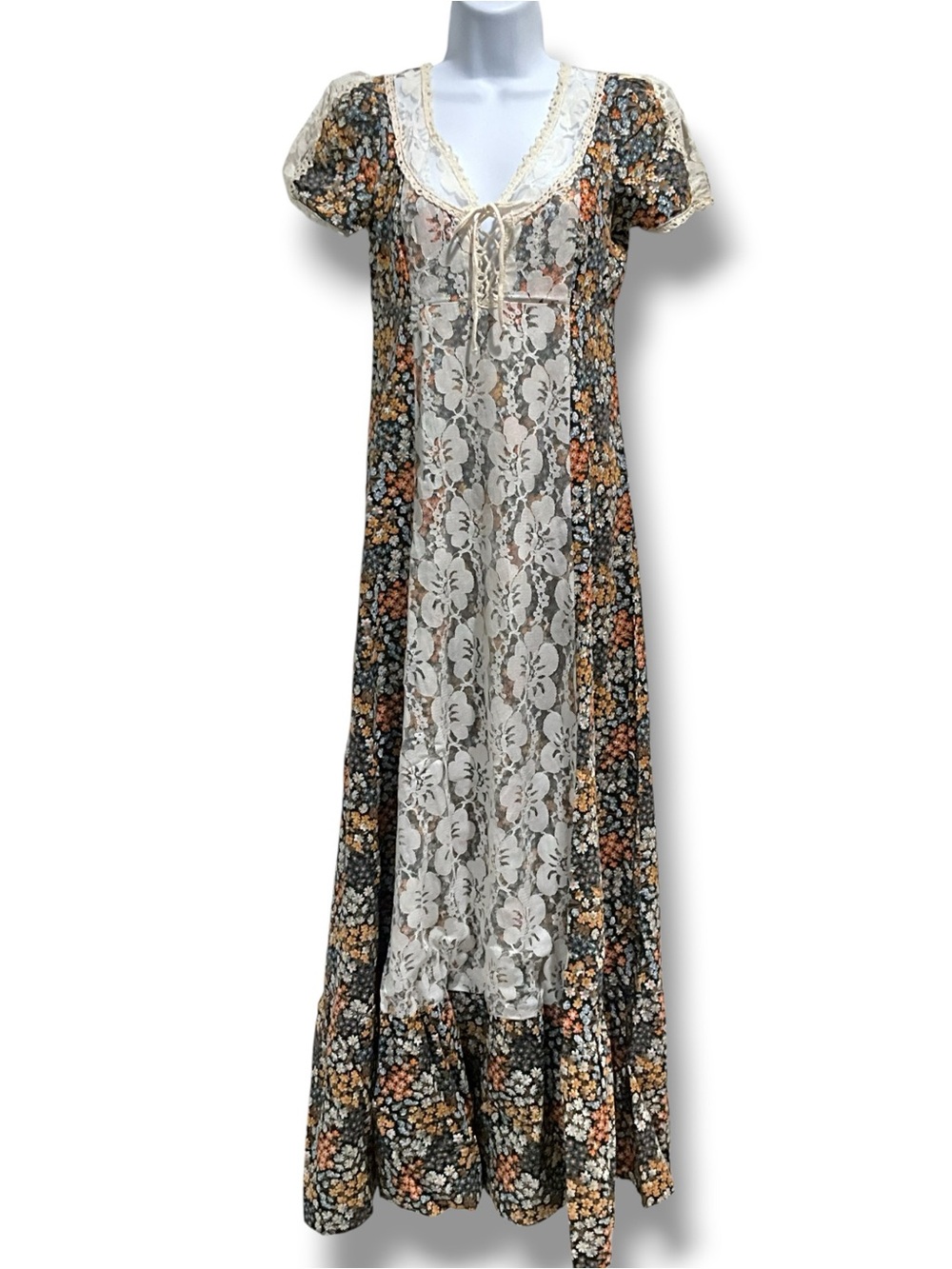 Vintage Handmade Floral Cotton and Lace Maxi Dress
